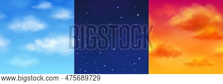 Realistic Set Of Morning, Night And Sunset Sky Seamless Texture With Fluffy White Clouds On Blue, St