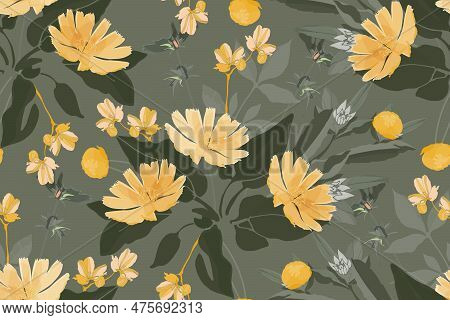 Vector Floral Seamless Pattern. Yellow Succory, Chicory Flowers