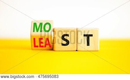 Most Or Least Symbol. Businessman Turns Wooden Cubes And Changes The Word Least To Most. Beautiful Y