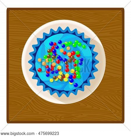 Birthday Cake Icon Isometric Vector. Multicoloured Cake On Wooden Square Table. Dessert, Celebration