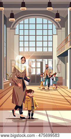 Mix Race People With Little Children Standing In Kindergarten Corridor Parenthood Concept