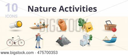 Nature Activities Set. Creative Icons: Flashlight, Rowing Canor, Sleeping Bag, Tent, Picknick, Bike 