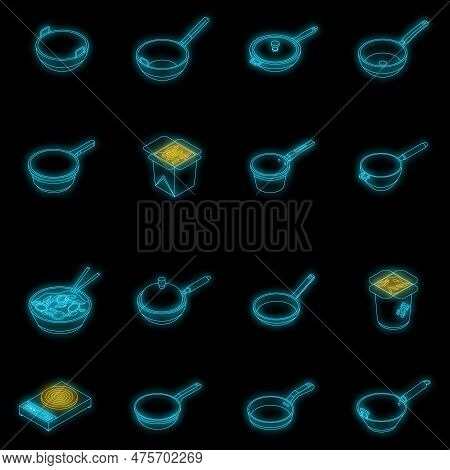 Wok Frying Pan Icons Set. Isometric Set Of Wok Frying Pan Vector Icons Neon Color On Black