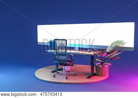 Isolated Computer Workspace On Wooden Podium With Giant Widescreen Monitor; Freelance And Home Offic