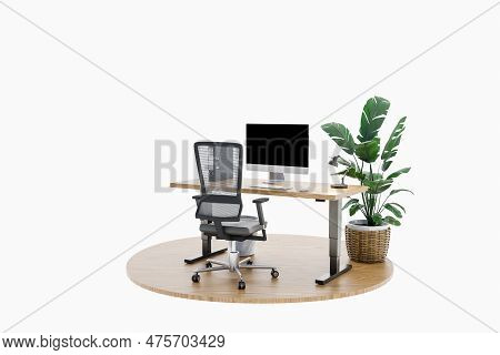 Single Isolated Computer Workspace On Podium With Adjustable Desk And Plant; Freelance And Home Offi