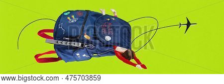 Contemporary Art Collage With Tiny Girl Flying By Plane Inside Suitcase, Huge Backpack Over Scid Gre