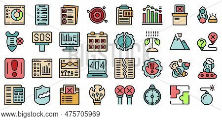 Failed Startup Icons Set Outline Vector. Broken Crash. Rocket Down Thin Line Color On White