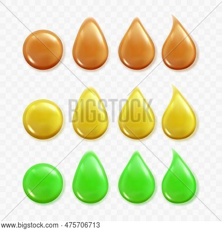 Realistic Set Of Dripping Drops Of Caramel Honey, Juice, Extract Or Gel. Vector Illustration