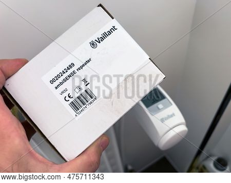 London, United Kingdom - Jan 1, 2022: A Close-up Of A Mans Hand Holding The New Vaillant Ambisense R