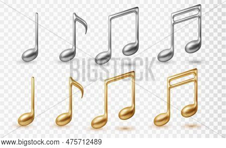 Gold And Silver Music Notes 3d Icon Set. Realistic Vector Illustration Isolated On Ransparent Backgr