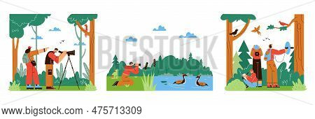 Bird Watching And Ornithology Set With Ornithologists Flat Vector Isolated.