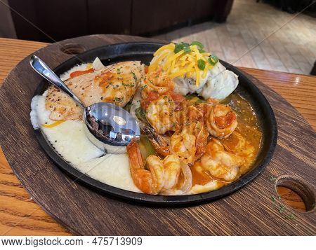 Western Food With Prawn Salmon Mashpotatoes Lunch