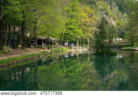 Scheggino, Italy - April 22, 2023: View Of Idyllic Little Lake In Scheggino, Umbria Region, Italy