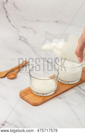 Lactose Yogurt. Probiotic Cold Fermented Dairy Drink. Vertical Image. Top View. Place For Text,