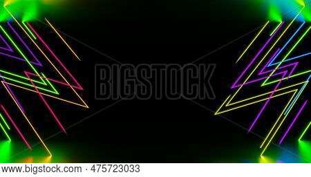 Broken Lines Of Neon Lights On A Dark Background, Bright Reflections, 3d Rendering Illustration