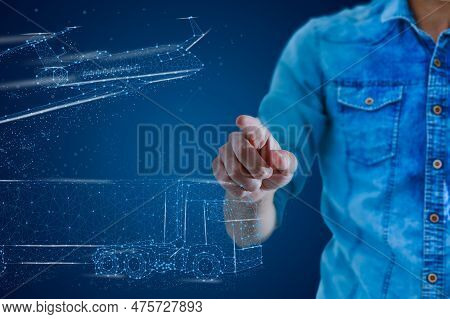 Jet Engine Augmented Reality Hologramm. Specialists Work In Technological Plane Development Facility