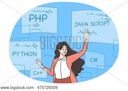 Successful Woman Coder With Scripts Programming. Smiling Millennial Girl Write Codes For Python, Php