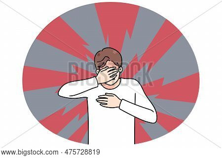 Unhappy Young Man Cover Eyes Suffer From Panic Attack Or Anxiety Need Psychological Help. Stressed G