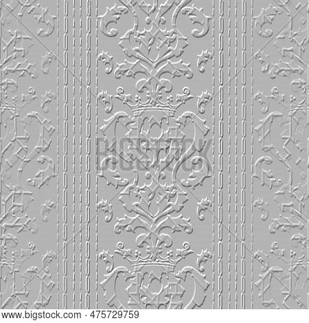 Vintage Floral Baroque Borders 3d White Seamless Pattern. Vector Embossed Border Background. Repeat 