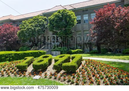 La Verne, Ca - April 27 2023: Topiary Of The Founding Year Of The University Of La Verne Outside An 