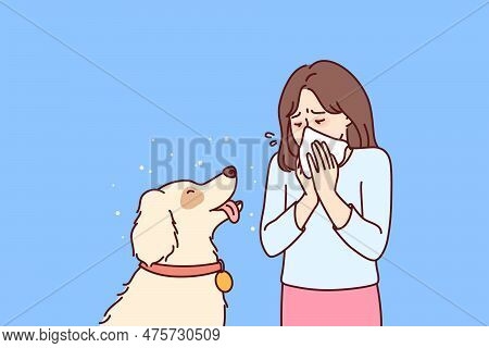 Little Girl With Dog Suffers From Allergies And Uses Handkerchief When Communicating With Beloved Pe
