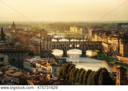 Florence Ponte Vecchio Bridge And City Skyline In Italy. Florence Is Capital City Of The Tuscany Reg