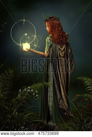 3d Computer Graphics Of A Woodland Fairy With A Glowing Ball  (not Ai Generated)
