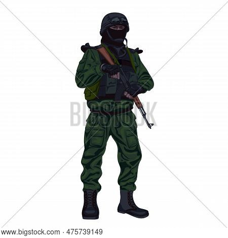 A Soldier In A Helmet With Automatic Rifle. Vector Illustration Of A Military Man Standing With A Ka