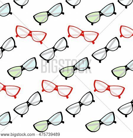 Seamless Pattern Of Elegant Glasses With Clear And Multi Colored Lenses And Frames. Vector. Eps