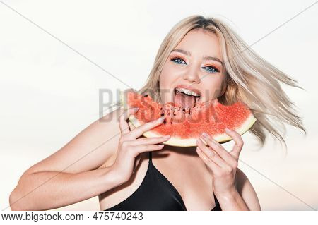 Portrait Excited Amazed Young Woman Is Holding Slice Of Watermelon. Emotional Face. Human Emotions, 