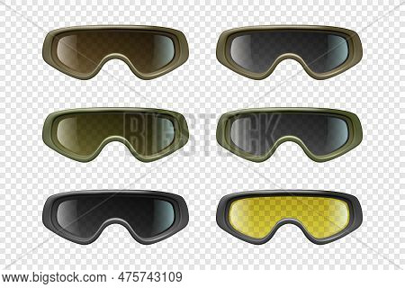 Vector 3d Realistic Military, Industrial Safety Glasses Icon Set Closeup Isolated. Transparent Glass