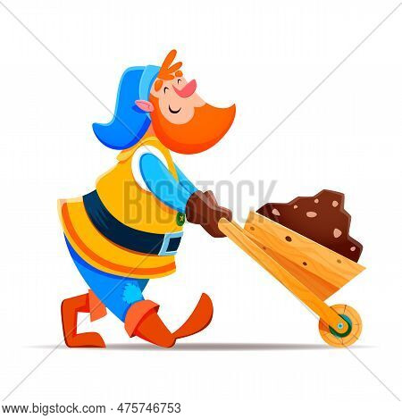 Cartoon Gnome Dwarf Miner Character With Wheelbarrow, Vector Fairy Tale Man. Dwarf Or Gnome Elf Mine