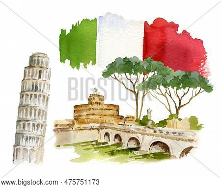 Watercolor Illustration Of Rome, Italy, Hand Drawn Panorama Of Tiber, Bridge, Pinya Pine And Old For