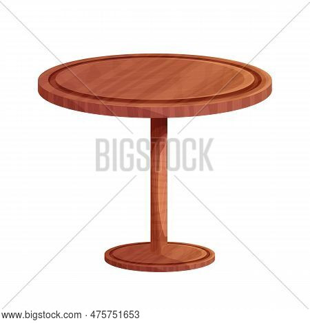 Wooden Table Round Desk Tectured In Comic Cartoon Style Isolated On White Background. Rustic Furnitu