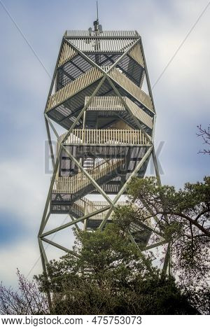 Kalmthout, Belgium, May 2023: View Of The Lookout Tower And Fire Tower In Kalmthout Heath, Nature Pa