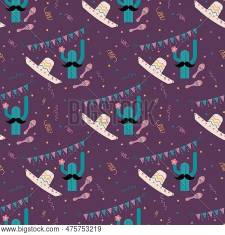 Vector Seamless Viva Mexica Pattern. Maxican Cultural Background With Sombrero, Cactus, Mustache, Fl