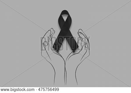 Hand Hold Black Ribbon On Background. Mourning Is The Grieving Process. Melanoma And Skin Cancer, Va