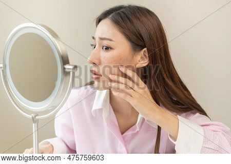 Dermatology, Expression Face Worry Asian Young Woman Looking Mirror Hand Touch Facial At Dark Spot O
