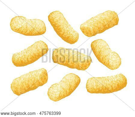 Sweet Corn Sticks Isolated On White Background, Realistic Vector Illustration. Fast Snacks For Rest.