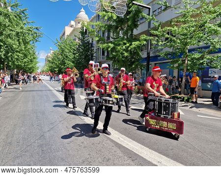 Granada, Spain, May 1st, 2023. Charanga Playing Instruments At The Head Of The Demonstration Of Unio