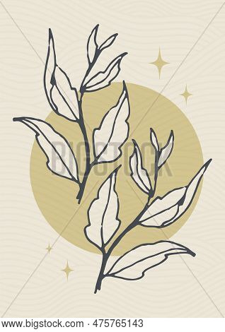 Aesthetic Poster In Pastel Color With Leaves And Moon. Beige Silhouette Of Plants. Modern Monochrome