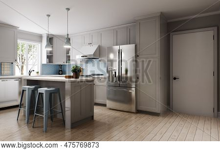 Spacious Bright Kitchen With A Blue Splashback And Metallic Blue Bar Stools. 3d Rendering. Kitchen W