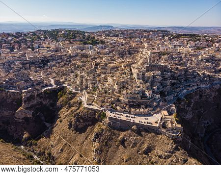 View From Above, Stunning Aerial View Of The Matera S Skyline During A Beautiful Sunrise. Matera Is