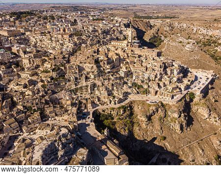 Aerial View Of Medieval City Of Matera Sassi Di Matera In Beautiful Golden Morning Light At Sunrise.