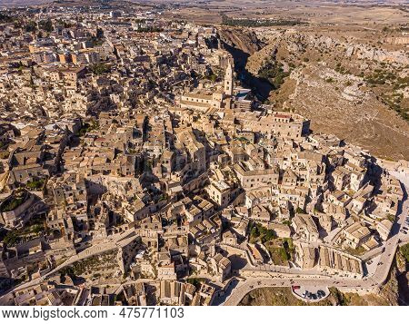 View From Above, Stunning Aerial View Of The Matera S Skyline During A Beautiful Sunrise. Matera Is