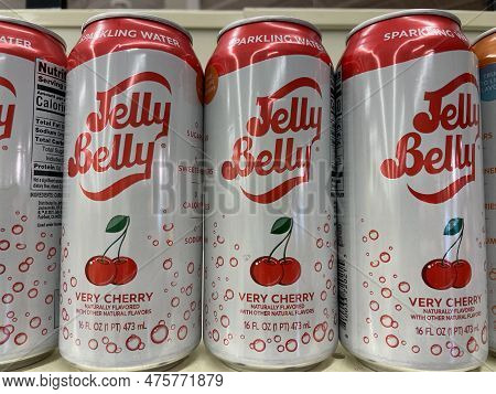 Grovetown, Ga Usa - 04 30 23: Grocery Store Jelly Belly Flavored Can Drinks Very Cherry