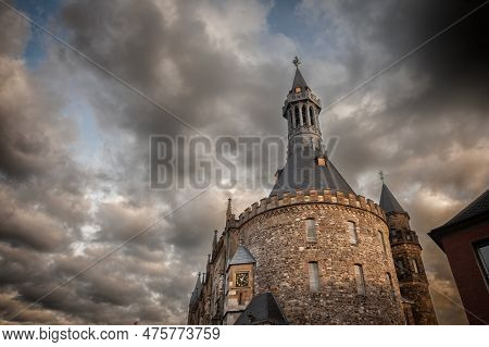 Aachen Cathedral Seen From Below. Aachen Cathedral, Or Aachener Dom, Is The Main Landmark Of Aachen 