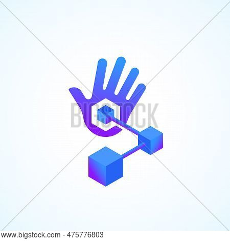 Handy Blockchain Technology Absrtract Vector Sign. Palm Hand With Conected Cubes Or Nodes Chain Grad