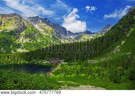 Picturesque Panoramic View Of Popradske Pleso, Tatra Mountains, Slovakia. Lake Popradske Pleso With 