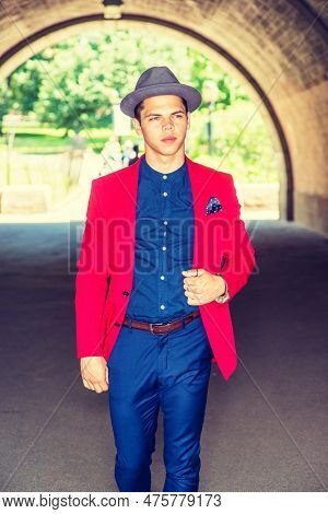 Businessman Traveling In New York. Dressing In Red Blazer, Blue Collarless Shirt, Pants, Wearing Fed